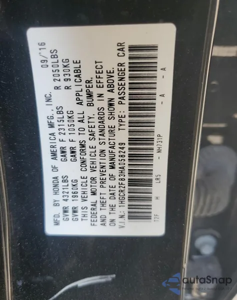 2017 Honda Accord Exl from USA, damaged, VIN 1HGCR2F83HA058249